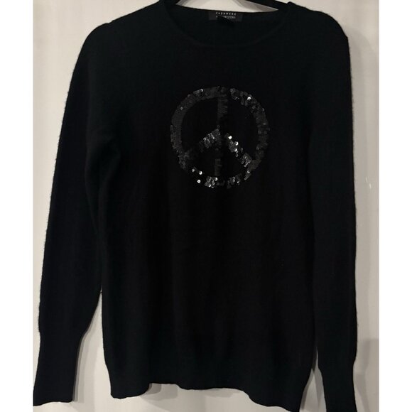 Cashmere by Bloomingdale's Black Pullover Sweater Sequin Peace Sign Womens Sz M - Picture 1 of 7